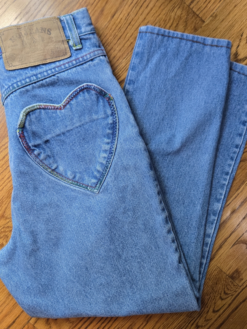 RARE! Vintage 90s Absolutely NO! Jeans -Rainbow Stitch Heart Pockets.